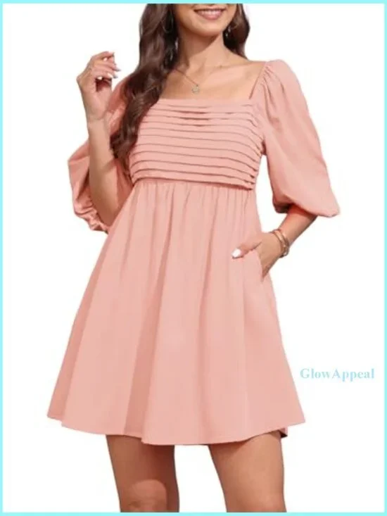 Square Neck Half Puff Sleeve High Waist A-Line Babydoll Mini Dress - Picture 4 of 7